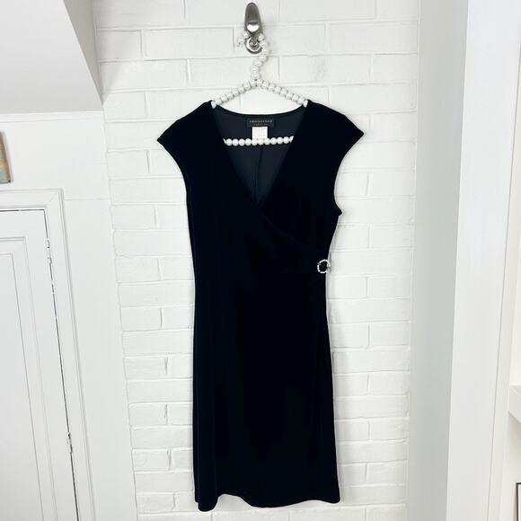 Vintage Connected Apparel Black Velvet Faux Wrap Dress Size 8P - Picture 1 of 7